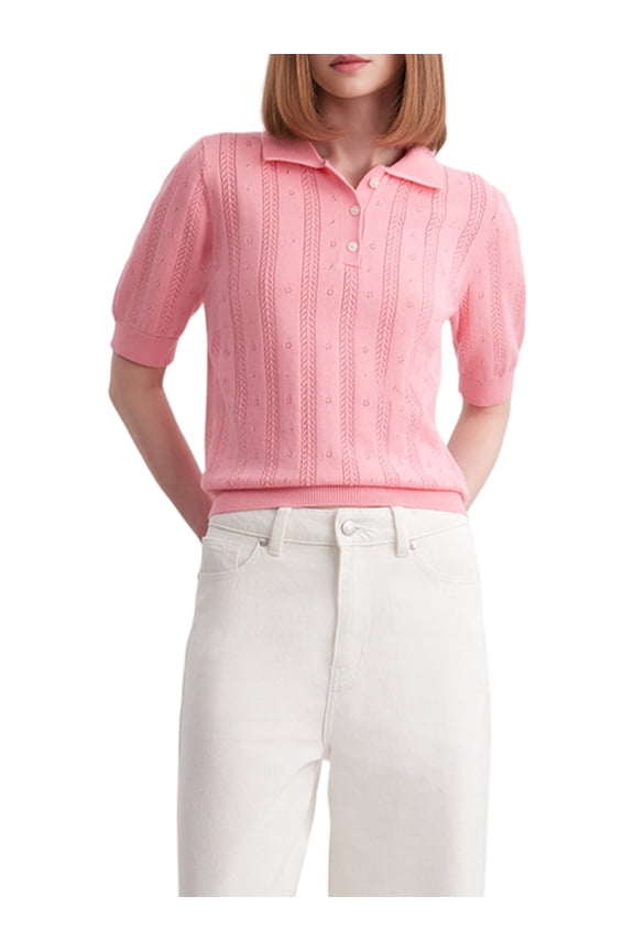 Women Cable Knit Sweater Tops Short Sleeve Button Henley Neck Lapel Crochet Pullover T Shirts Crop Blouse Pink L