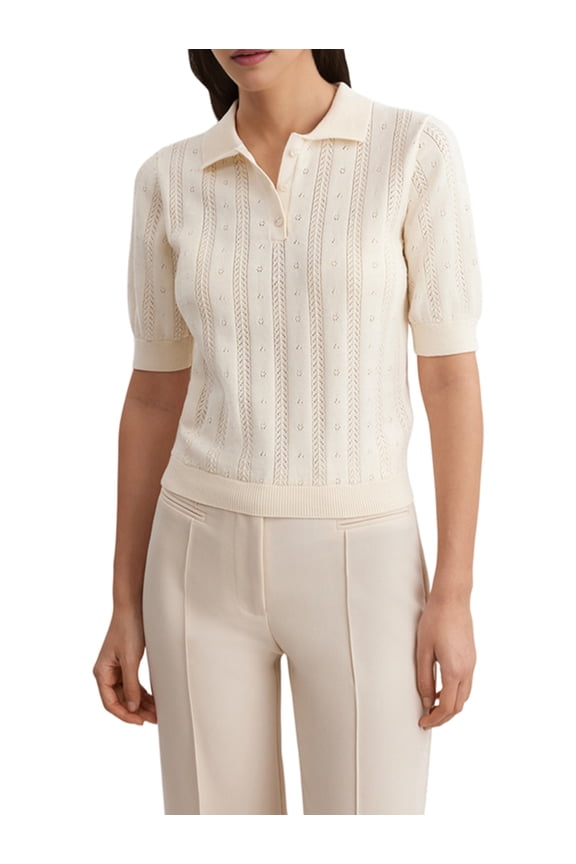 Women Cable Knit Sweater Tops Short Sleeve Button Henley Neck Lapel Crochet Pullover T Shirts Crop Blouse Rice L