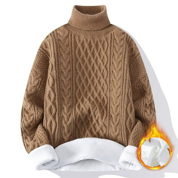 Women Cable Knit Vintage Sweater Turtleneck Long Sleeve Loose Casual Knitted Sweater Unisex Woven Crewneck Knitted Tops (Khaki,Large)