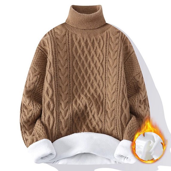 Women Cable Knit Vintage Sweater Turtleneck Long Sleeve Loose Casual Knitted Sweater Unisex Woven Crewneck Knitted Tops (Khaki,XX-Large)