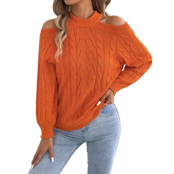 Women Cable Openwork Hollow Cut Out Cold Shoulder Crew Neck Long Sleeve Loose Pullover Sweater Orange XL