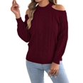 thumbnail image 1 of Women Cable Openwork Hollow Cut Out Cold Shoulder Crew Neck Long Sleeve Loose Pullover Sweater Wine Red M, 1 of 9