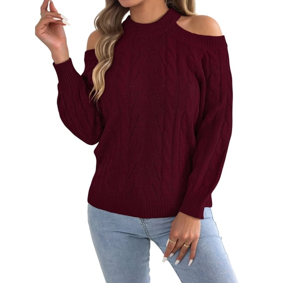 Women Cable Openwork Hollow Cut Out Cold Shoulder Crew Neck Long Sleeve Loose Pullover Sweater Wine Red M