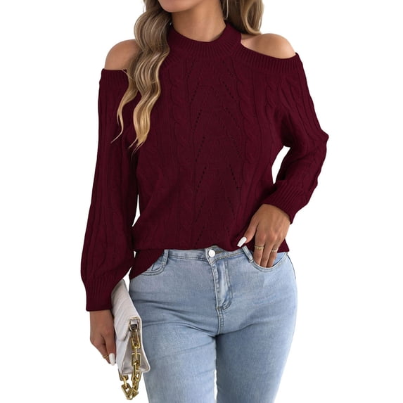 Women Cable Openwork Hollow Cut Out Cold Shoulder Crew Neck Long Sleeve Loose Pullover Sweater Wine Red S