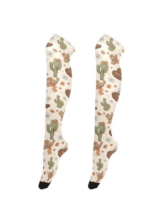 Women Cactus Cowboy Hat Pattern Over Knee Thigh High Socks