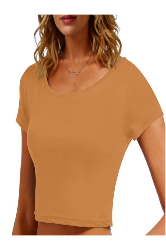 Women Camel Crew Neck Cropped Short Sleeve T-shirt, Casual Home Loungewear