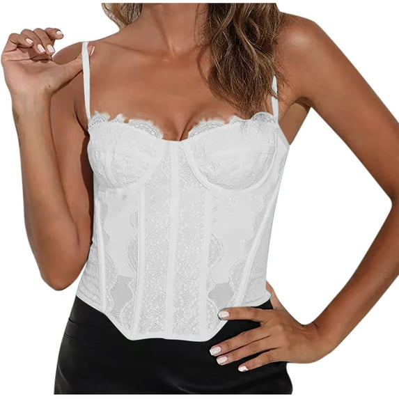 Women Cami Bustier Top Floral Lace Camisole Square Neck Sleeveless Going Out Crop Blouses Cute Clubwear (XS, White)