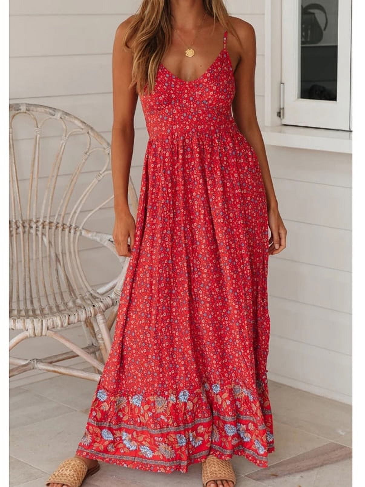 Boho Floral Printed Dress – V-Neck Halter Sling Maxi Dress In Lake Blue | Stretchy, Flow Summer Dress For Beach, Vacation & Everyday Wear