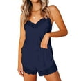 thumbnail image 1 of Women Cami Pajama Set Sleepwear Lace Trim Short PJ Set with Shorts Navy Size S, 1 of 5
