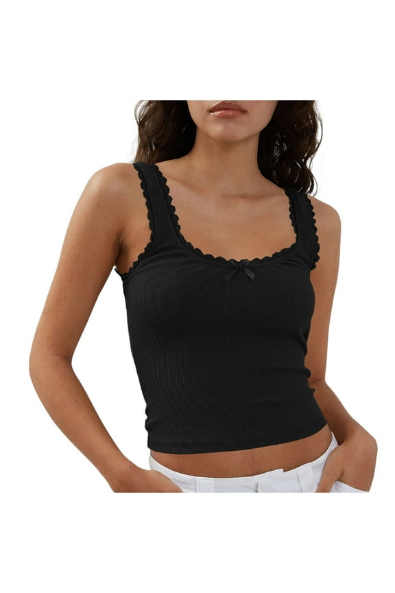 Women Cami Tops Y2k Backless V Neck Ruffle Cami Top Spaghetti Strap Sleeveless Ruffled Babydoll Shirt Black M