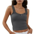 thumbnail image 1 of Women Cami Tops Y2k Backless V Neck Ruffle Cami Top Spaghetti Strap Sleeveless Ruffled Babydoll Shirt Dark Gray S, 1 of 6