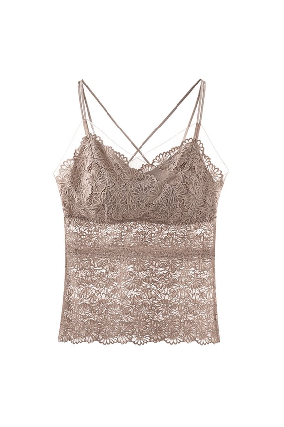Women Camisole Tops Sheer Lace Floral Bralette Wireless Padded Tank Top V Halter Thin Cami Lingerie Underwear Ladies Breathable Vest Tops Built in Bra