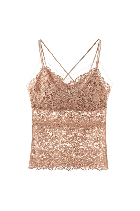 Women Camisole Tops Sheer Lace Floral Bralette Wireless Padded Tank Top V Halter Thin Cami Lingerie Underwear Ladies Breathable Vest Tops Built in Bra