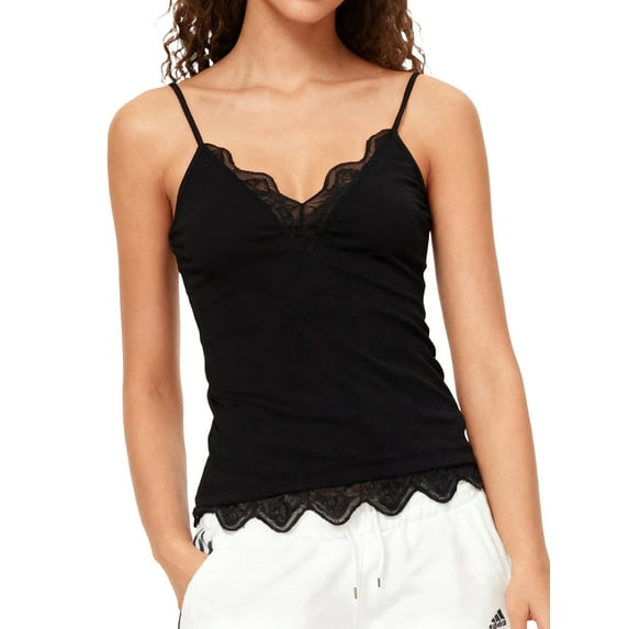 Women Camisoles Lace V Neck Tank Top Spaghetti Strap Slim Fitted -Tops Going Out Y2K Shirts Black S