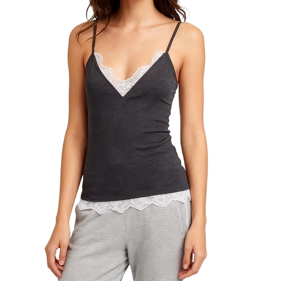 Women Camisoles Lace V Neck Tank Top Spaghetti Strap Slim Fitted -Tops Going Out Y2K Shirts Gray L