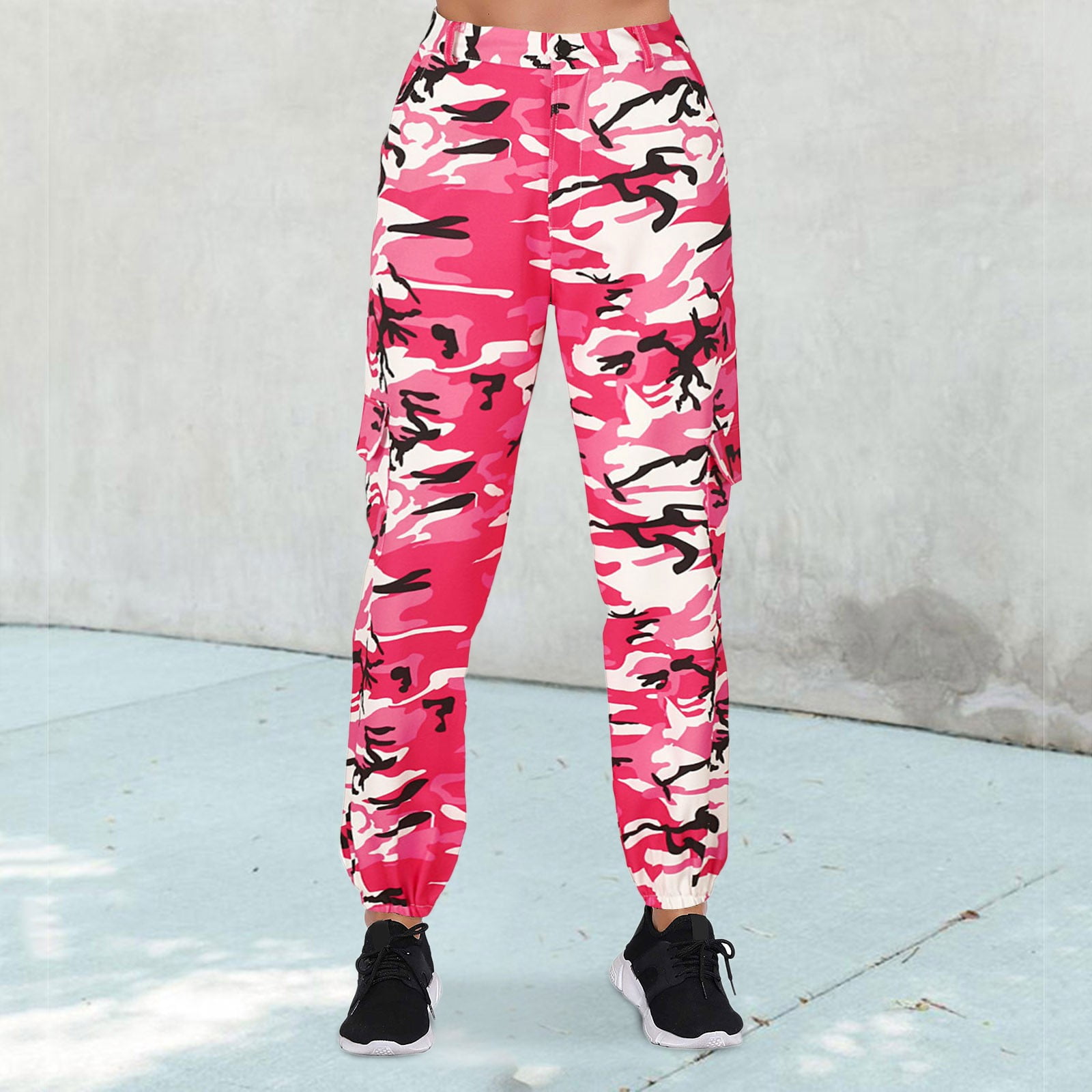 JWZUY Women's Camo Pants Cargo Trousers Cool Camouflage Pants Button Zippe  Up Elastic Waist Casual Multi Outdoor Jogger Pants with Pocket Hot Pink L