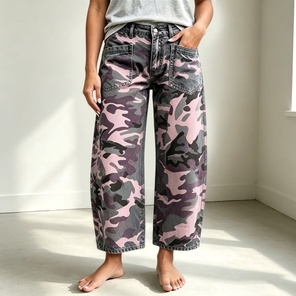 Women Camo Print Wide Leg Jeans, Mid Rise Baggy Multi Pocket Cargo Denim Barrel Pants, Loose Straight Leg Camouflage Trousers, Streetwear Denim for Daily Outing Streetwear