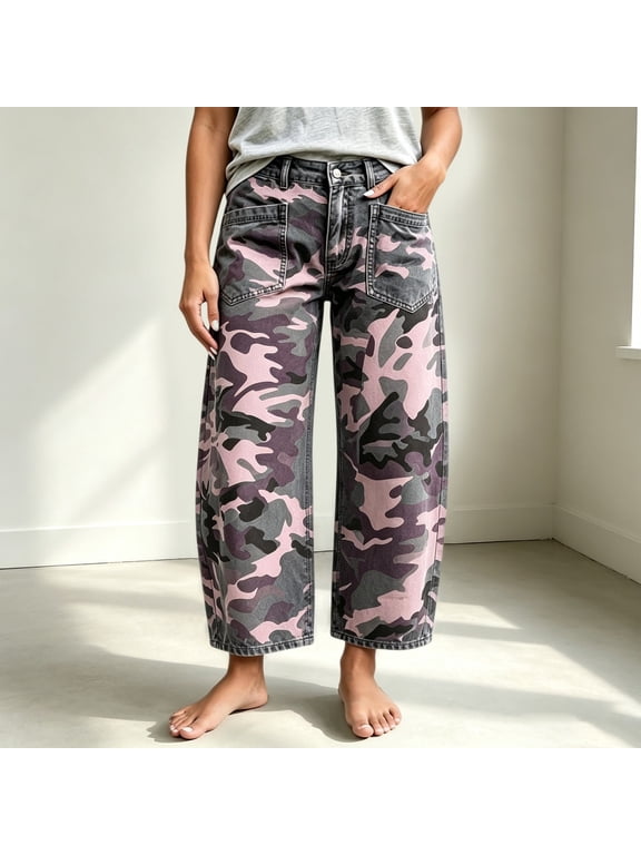 Women Camo Print Wide Leg Jeans, Mid Rise Baggy Multi Pocket Cargo Denim Barrel Pants, Loose Straight Leg Camouflage Trousers, Streetwear Denim for Daily Outing Streetwear
