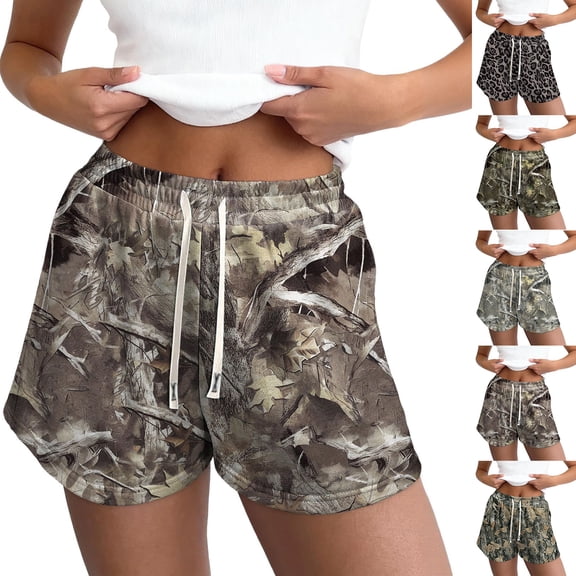 Women Camo Sweat Shorts Maple Leaf Camouflage Elastic High Waist Drawstring Camo Shorts Pocketed Casual Summer Stretchy Fashion Athletic Shorts Joggers Camouflage Mini Shorts,Brown L