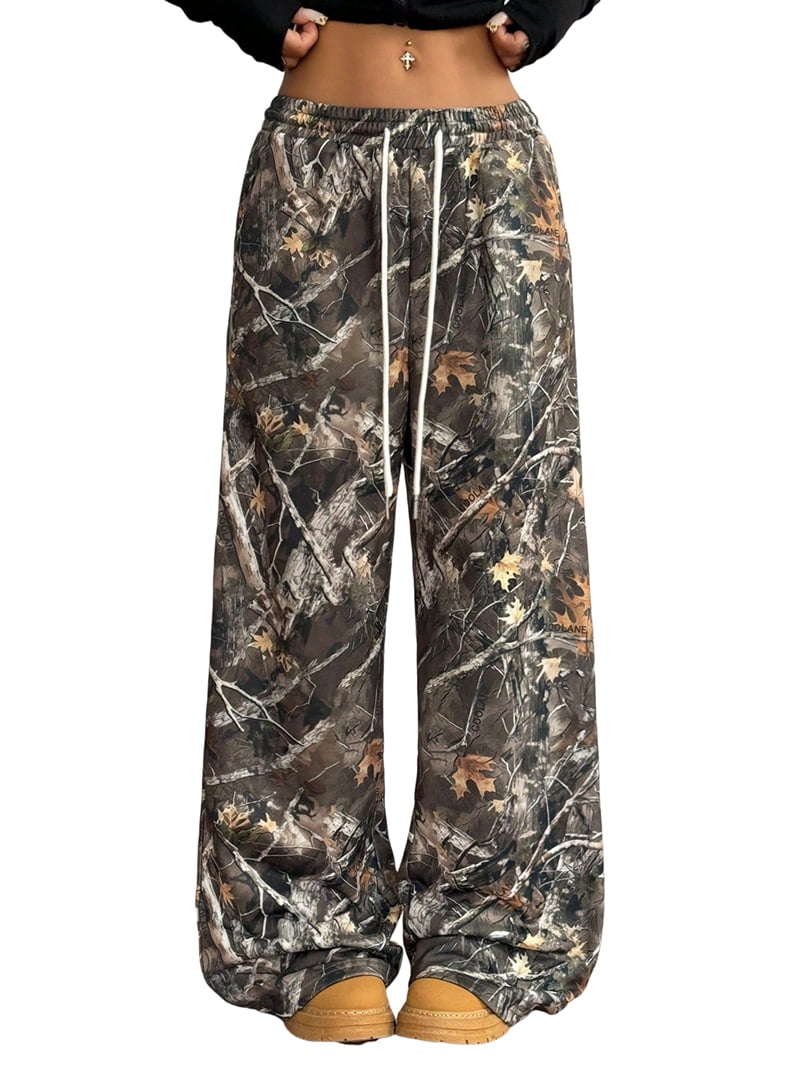 Women Camo Sweatpants Wide Leg High Waisted Baggy Lounge Sweat Pants Drawstring Athletic with Pockets Flower Grey S
