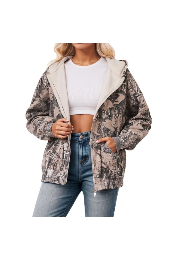 Women Camo Zip Up Hoodie Fleece Trendy Maple Leaf Print Long Sleeve Jackets Camouflage Loose Fit Sweatshirts with Pockets Z001-Coffee XXL