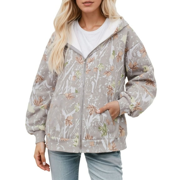 Women Camo Zip Up Hoodie Fleece Trendy Maple Leaf Print Long Sleeve Jackets Camouflage Loose Fit Sweatshirts with Pockets Z003-Light Gray L