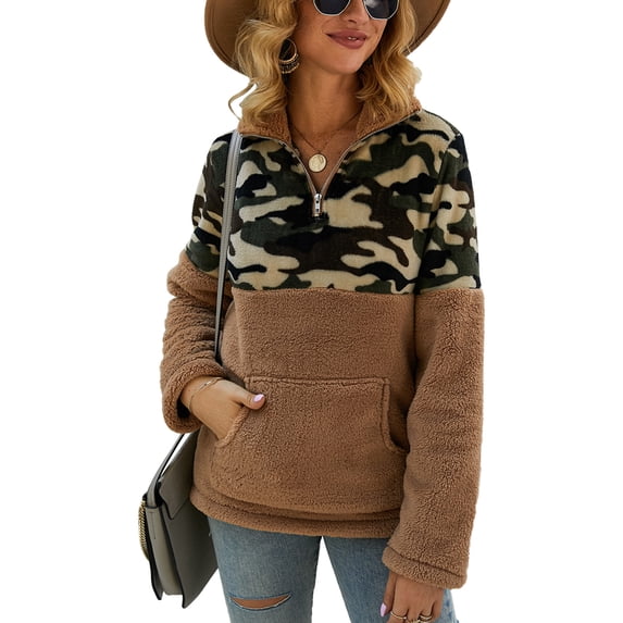 Women Camou Patchwork Pullover Long Sleeve Zip Camou Patchwork Sweatshirt with Pocket for Spring Autumn Winter Khaki L