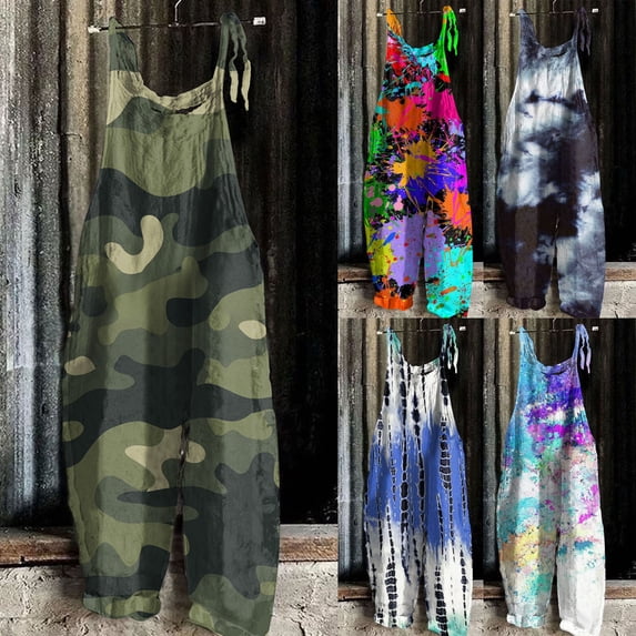 Women Camouflage Tie Dye Print Bib Overalls Loose Fit Summer Casual Retro Sleeveless Suspender Jumpsuit M