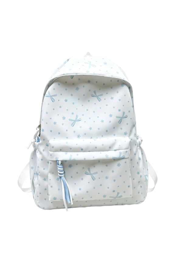 Women Canvas Book Bag Large Capacity Casual Travel Daypack with Bow Print and Side Zipper Lightweight Rucksack for Daily Outings (Blue)