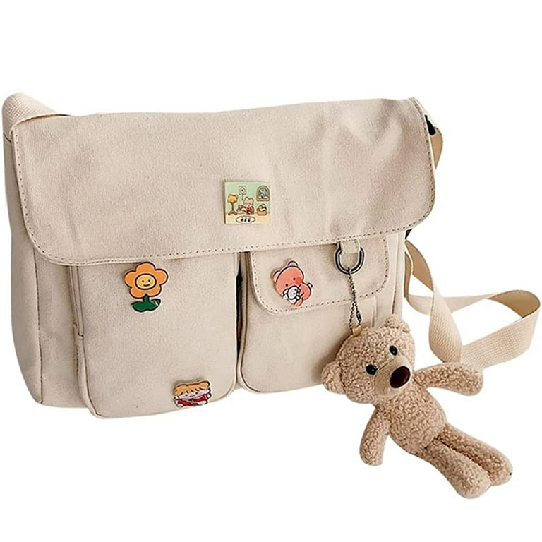 Women Canvas Messenger Bag Hobo Tote Cute Shoulder Bag Large Crossbody Bags  with Multiple Pockets for Travel School(Beige)