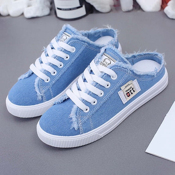 Women Canvas Mules Memory Foam Clipper Fashion Sneakers Comfortable -On Mule Backless Holiday Casual Shoes(Blue,9)
