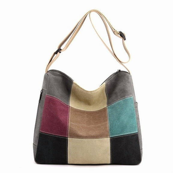 Women Canvas Shoulder Multi-Color Splice Crossbody Large Top Handle Multi-Pocket Tote Handbag Satchel