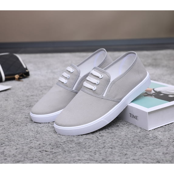 Women Canvas Slip On Casual Sneakers, Decorative lace-up Low Top Lightweight Anti Slip Daily Walking Flat Shoes