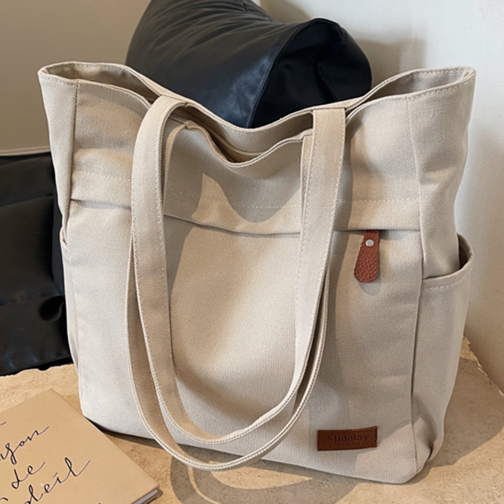 Women Canvas Tote Bag Large Capacity MultiPocket Handbag Zipper Work