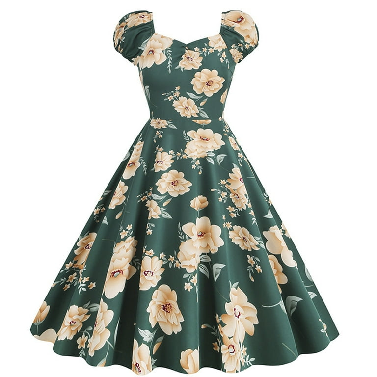 Women Cap Sleeve 1950s Retro Vintage Cocktail Swing Dresses Floral Graphic Tea Party Dress Audrey A Line Evening Dress Walmart