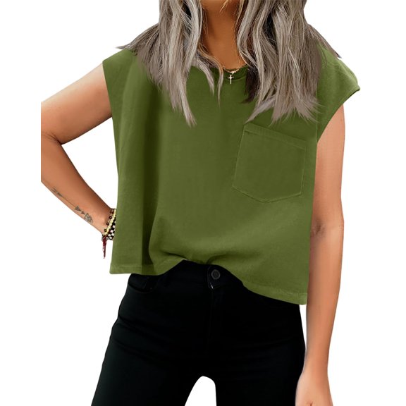 Women Cap Sleeve Casual Basic Crewneck Crop Tank Top with Pockets