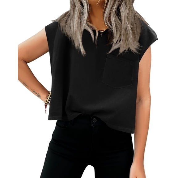 Women Cap Sleeve Casual Basic Crewneck Crop Tank Top with Pockets