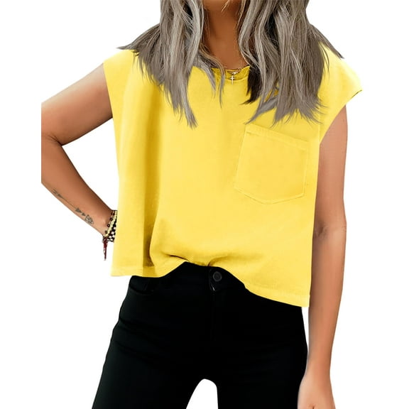 Women Cap Sleeve Casual Basic Crewneck Crop Tank Top with Pockets