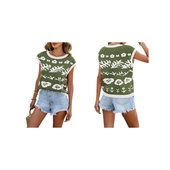 Women Cap Sleeve Crop Tops Color Block Going Out Crew Neck Knit Trendy Casual Sweater Green M