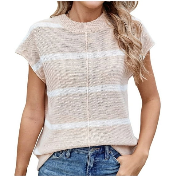 Women Cap Sleeve Tank Tops Striped Crew Neck Casual Loose Fit Spring Summer Pullover Knit Sweater Vest White S