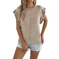 thumbnail image 1 of Women Cap Sleeve Tops Summer Crew Neck Shirt Crochet Knit Sweater Khaki S, 1 of 9
