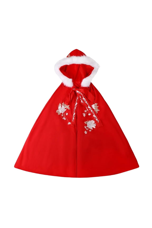 Women Cape Chinese Style Hanfu Cloak Poncho Floral Embroidery Jacket Red