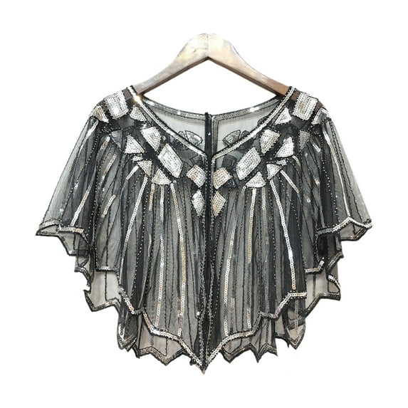 Women Cape Crochet Lace All-match Mesh Summer Beaded Sequin Shrug Flapper Dress Shawl for Party