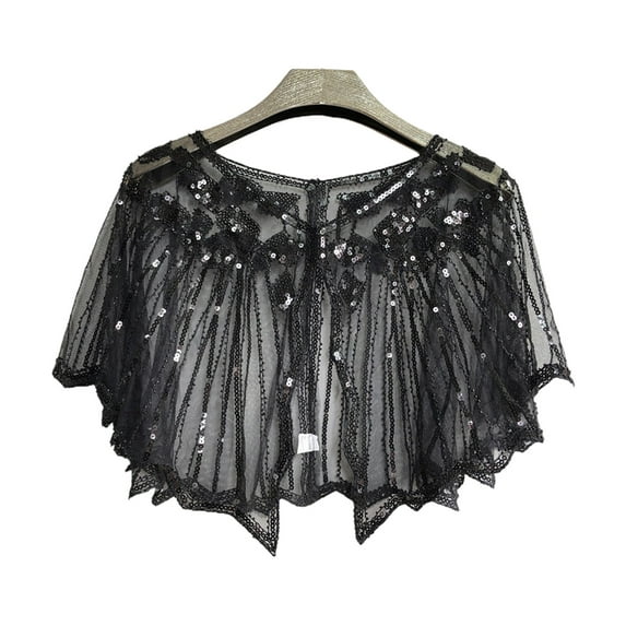 Women Cape Crochet Lace All-match Mesh Summer Beaded Sequin Shrug Flapper Dress Shawl for Party