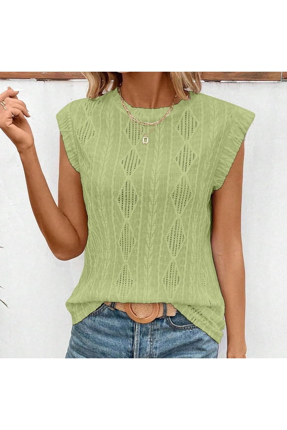 Women Cape Sleeve Tops Rib Crewneck Pullover Loose Tunic Shirts Eyelet Lightweight Blouses Summer