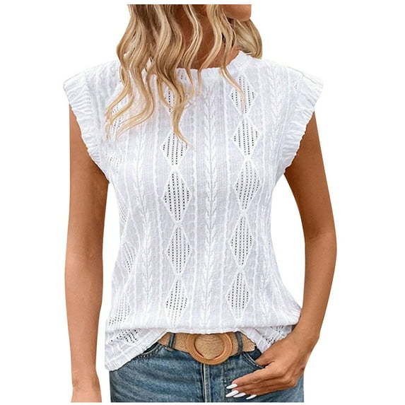 Women Cape Sleeve Tops Rib Crewneck Pullover Loose Tunic Shirts Eyelet Lightweight Blouses Summer