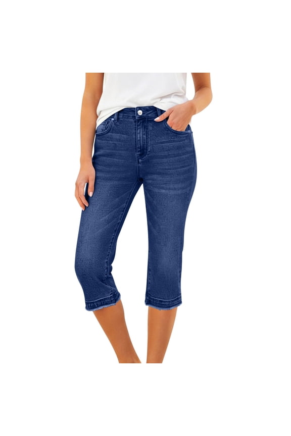 Women Capri Jeans Mid-Waisted Straight Leg Stretchy Button Pull On Relaxed Fit Denim Skinny Jeans with Pockets