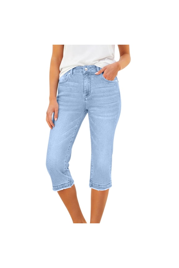 Women Capri Jeans Mid-Waisted Straight Leg Stretchy Button Pull On Relaxed Fit Denim Skinny Jeans with Pockets