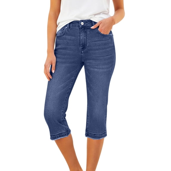 Women Capri Jeans Mid-Waisted Straight Leg Stretchy Button Pull On Relaxed Fit Denim Skinny Jeans with Pockets
