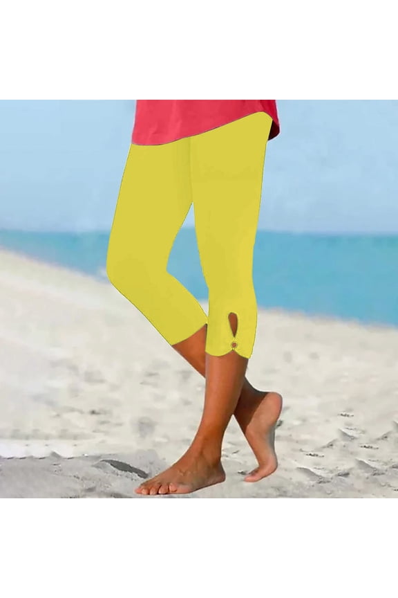 Women Capri Leggings 2026 Dressy Casual Summer Capris Knee Length Crop Pants Trendy Lightweight Ladies Clothing Yellow 3XL